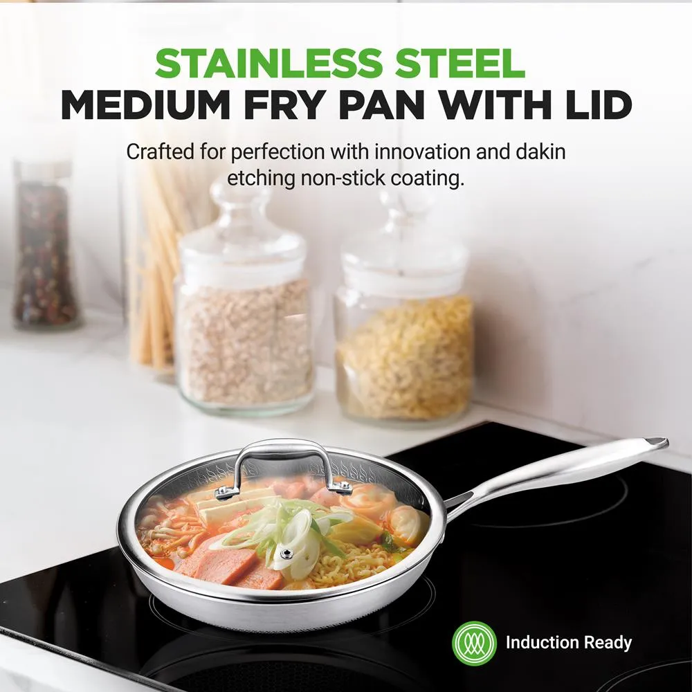 10'' Stir Fry Pan With Glass Lid - Triply Stainless Steel Cookware, Dakin Etching Non-Stick Coating Inside And Outside