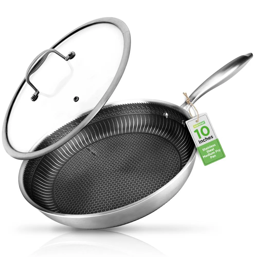 10'' Stir Fry Pan With Glass Lid - Triply Stainless Steel Cookware, Dakin Etching Non-Stick Coating Inside And Outside