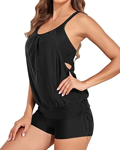 2 Piece Flattering Tankini Swimsuits For Juniors With Full Coverage-Black