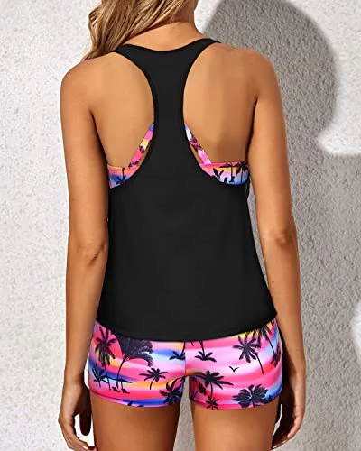 3 Piece Athletic Swimsuits Swim Tank Tops With Boy Shorts-Black Palm Tree