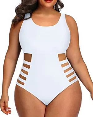 Adjustable Straps Swimwear Plus Size Side Cutout Sexy Swimwear-White