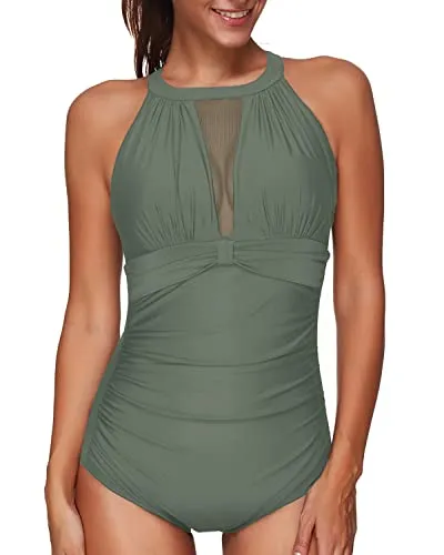 Alluring High Neck Mesh Keyhole Front One Piece Swimsuit For Women-Army Green