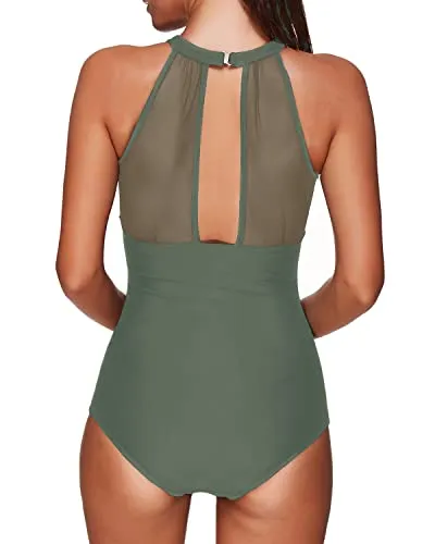 Alluring High Neck Mesh Keyhole Front One Piece Swimsuit For Women-Army Green