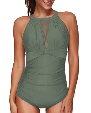 Alluring High Neck Mesh Keyhole Front One Piece Swimsuit For Women-Army Green