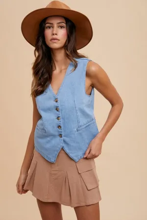 Annie Wear Button Down V-Neck Denim Vest