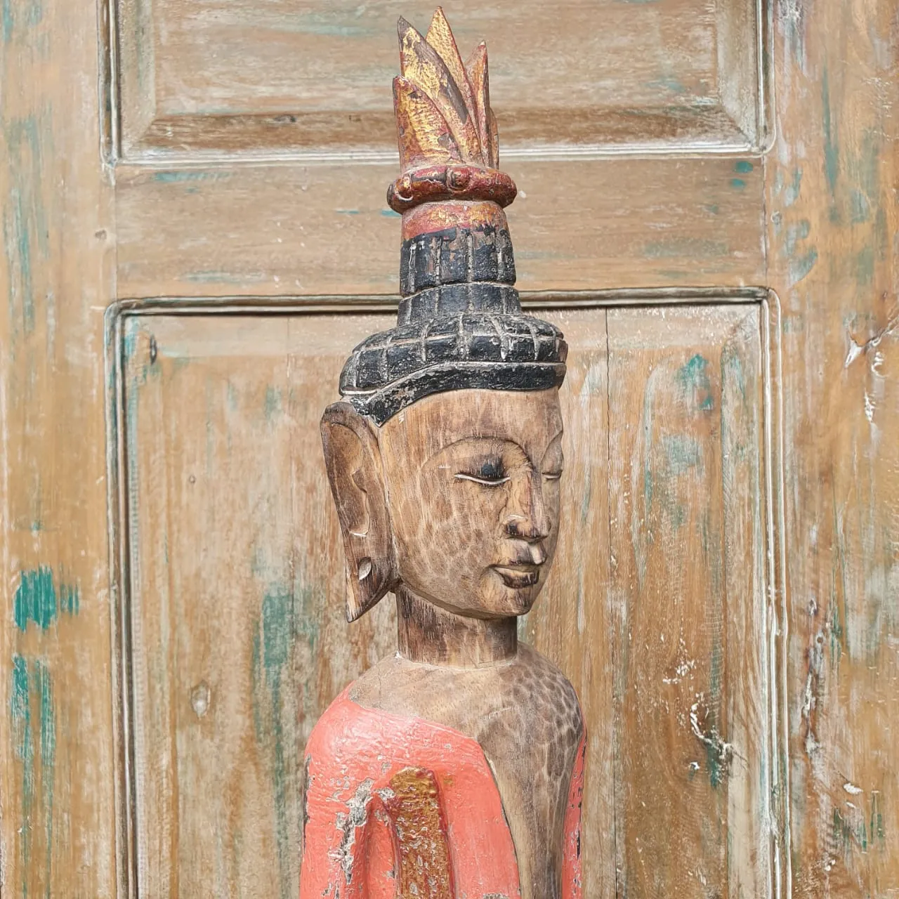 Antique Tall Standing Wooden Buddha