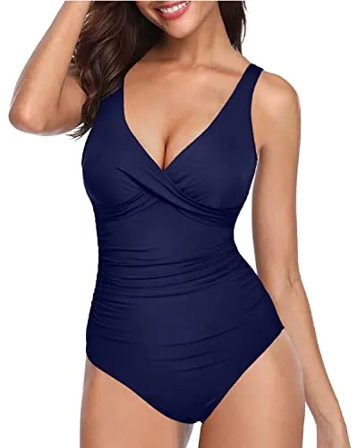 Backless Tummy Control Push Up 1 Piece Bathing Suit-Navy Blue