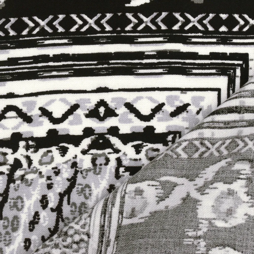 Black-Off-White-Gray Bordered Pattern Printed Challis Fabric