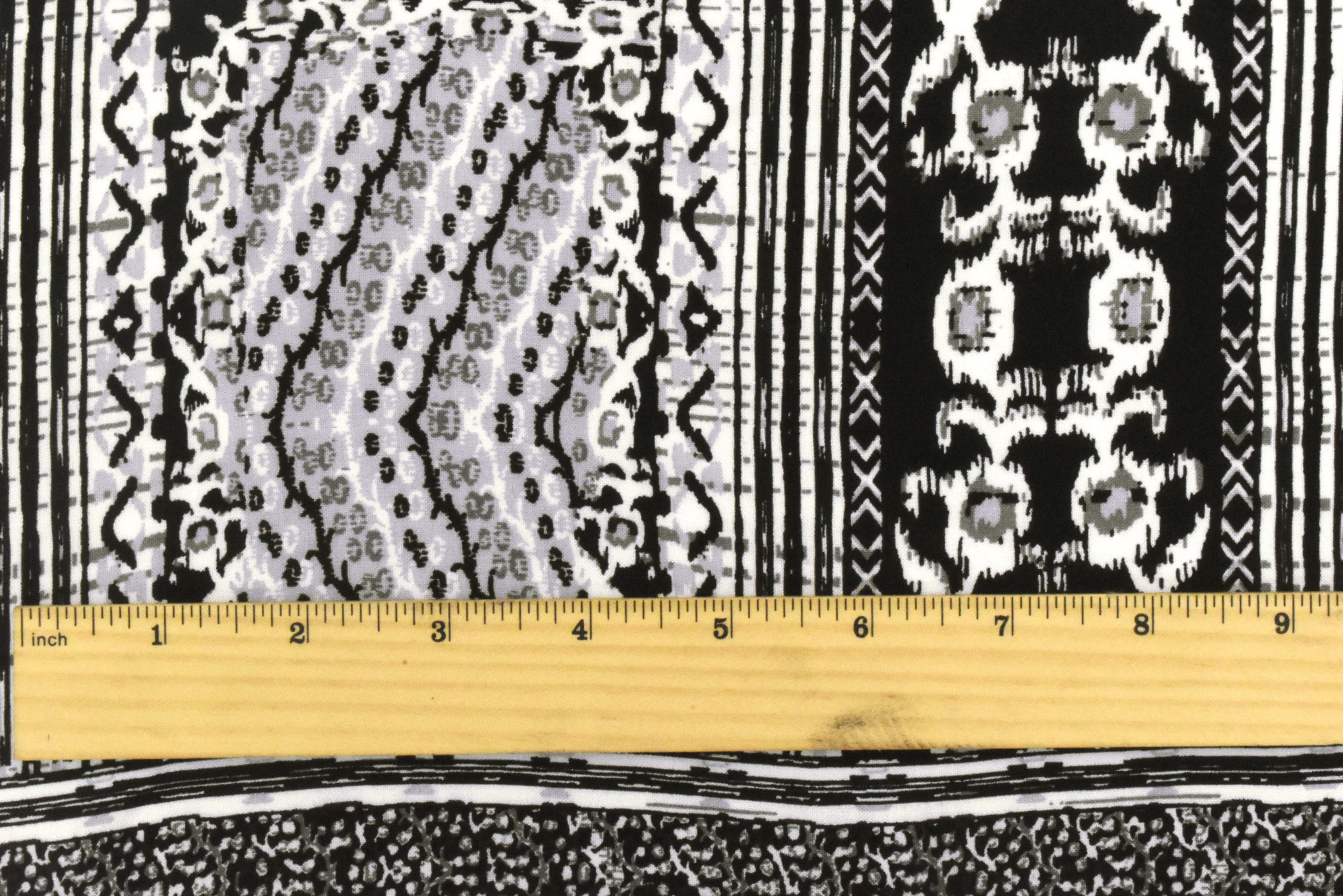 Black-Off-White-Gray Bordered Pattern Printed Challis Fabric