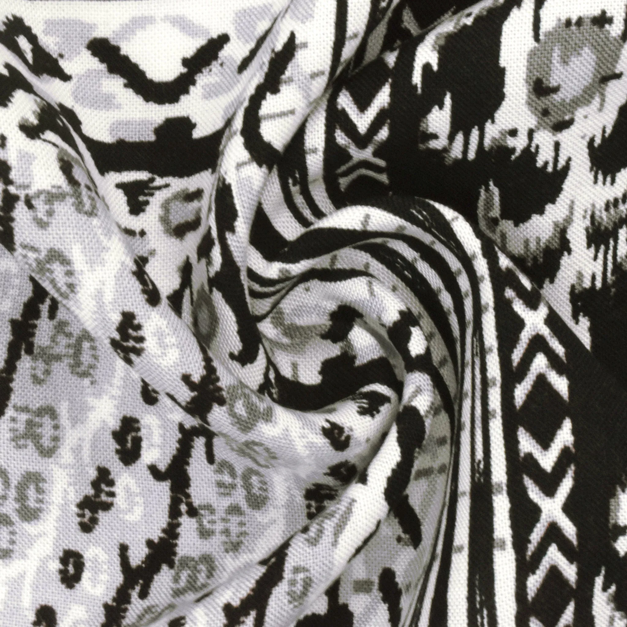 Black-Off-White-Gray Bordered Pattern Printed Challis Fabric