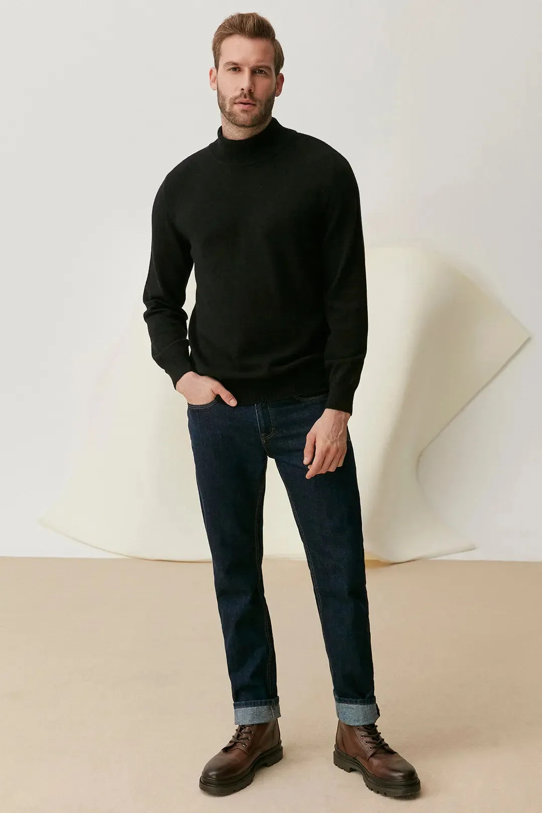 Black Pure Cashmere Crew Neck Long Sleeve Men's Sweater