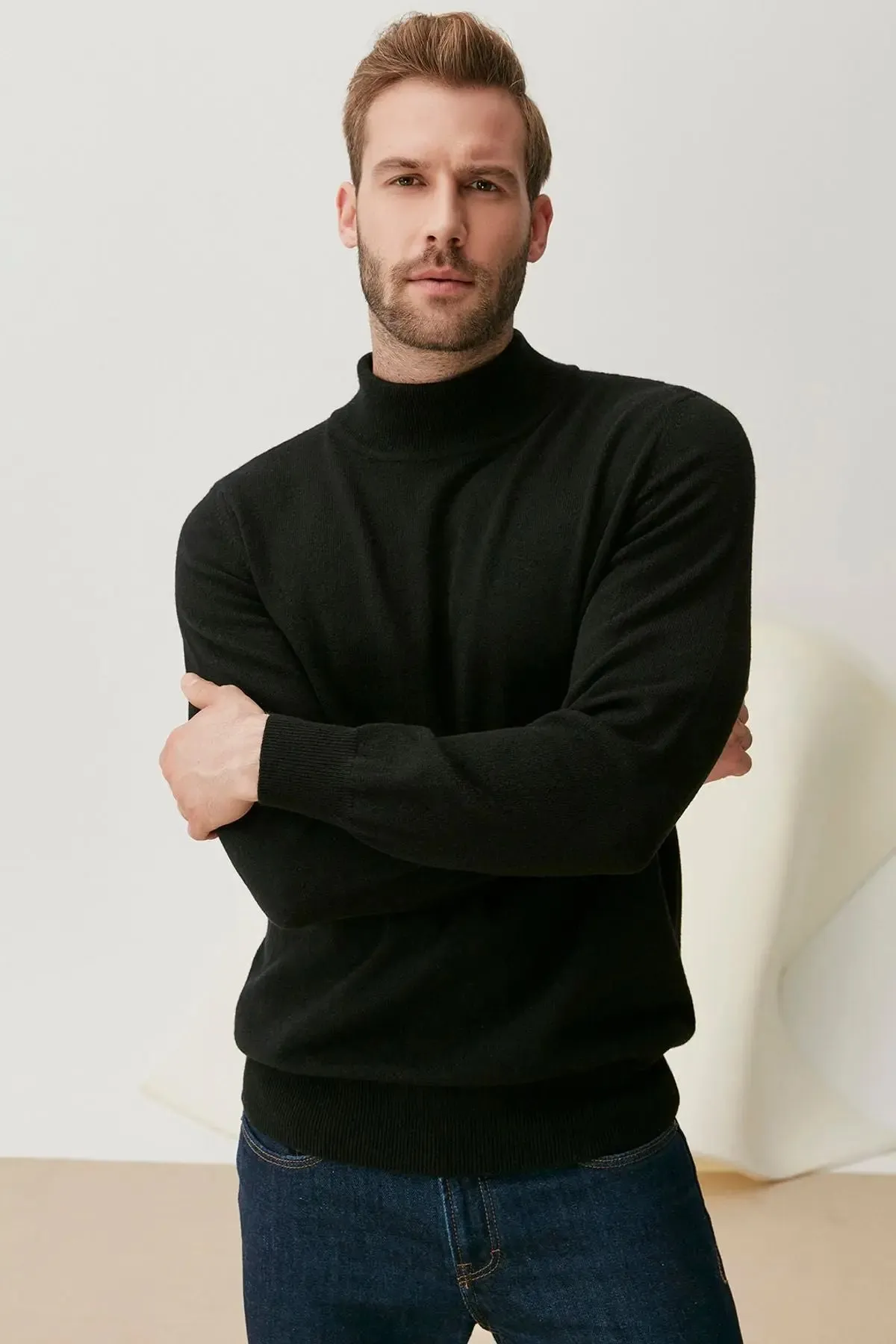 Black Pure Cashmere Crew Neck Long Sleeve Men's Sweater