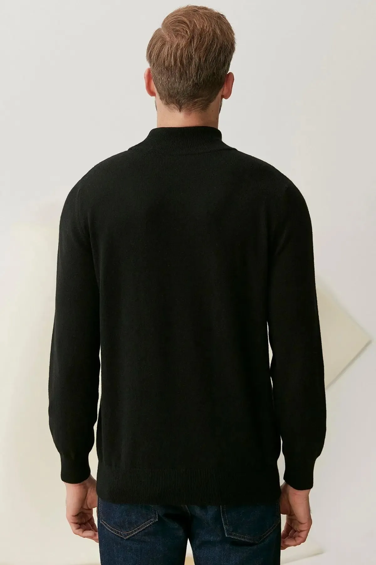 Black Pure Cashmere Crew Neck Long Sleeve Men's Sweater