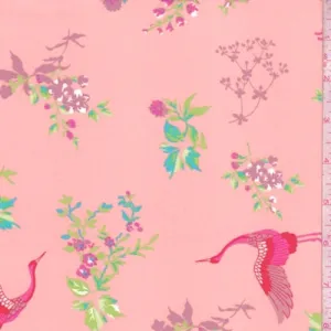 Blush Pink Crane/Floral Double Brushed Jersey Knit Fabric