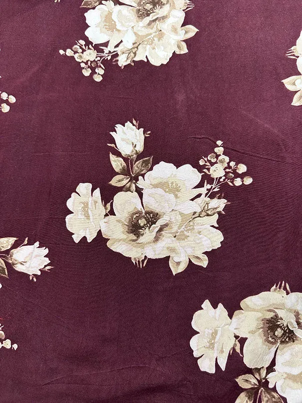 Burgundy Floral Print Rayon Challis Fabric