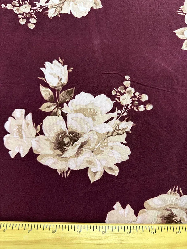 Burgundy Floral Print Rayon Challis Fabric