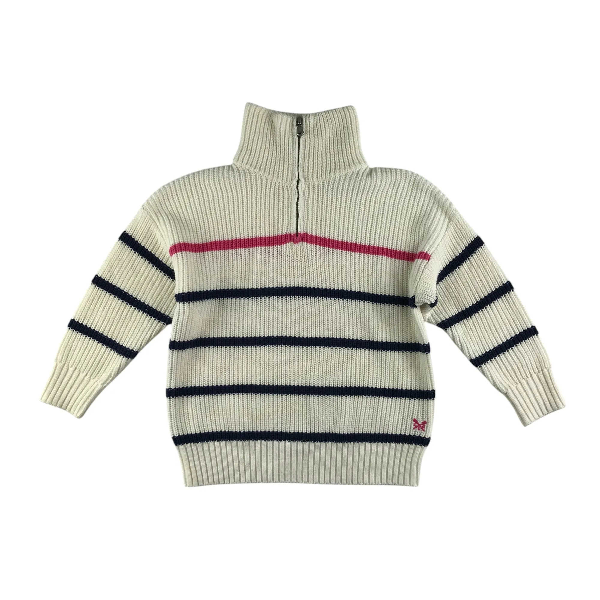 Crew jumper 5-6 years white navy and pink stripy mock neck