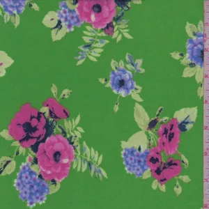 Cricket Green/Pink Multi Floral Brushed Jersey Knit Fabric