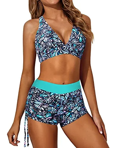 Criss Cross Straps O-Ring Detail Swimwear Athletic 3 Piece Swimsuits-Light Blue-Green Floral