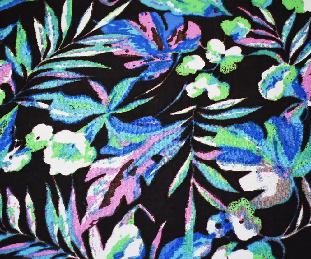 Dark Brown-Blue-Multi Floral Printed Rayon Challis Woven Fabric