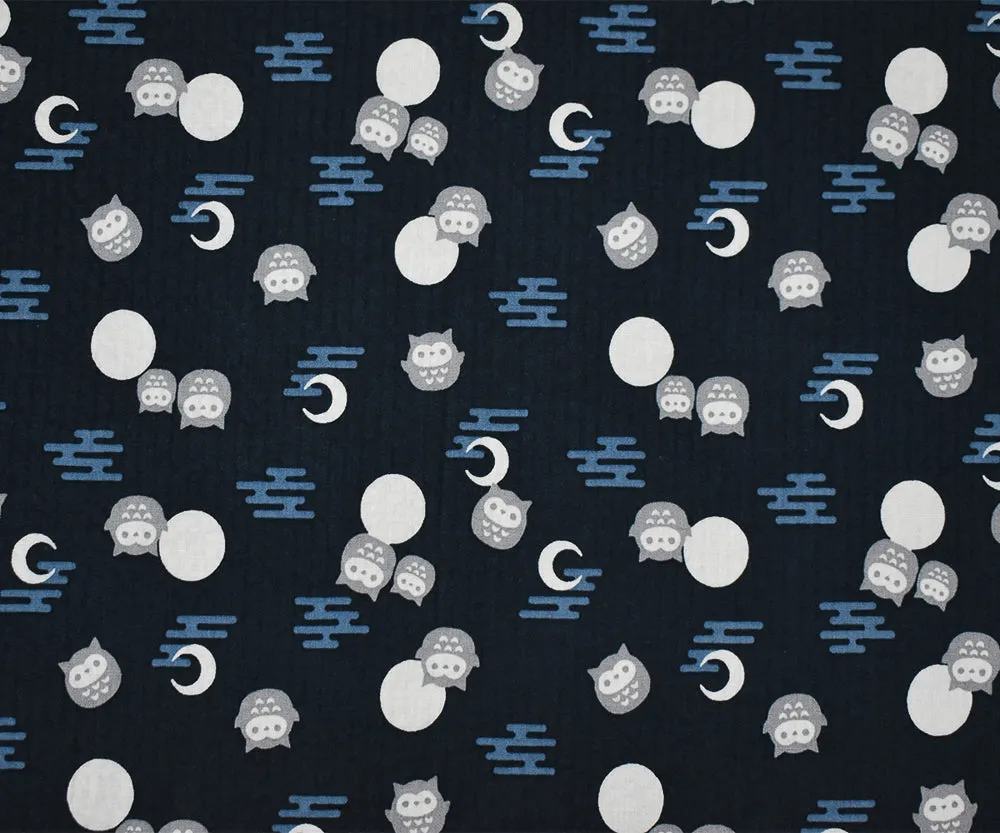 Deep Blue-Gray-Multi Owl Moon Printed Crinkled Cotton Shirting Woven Fabric