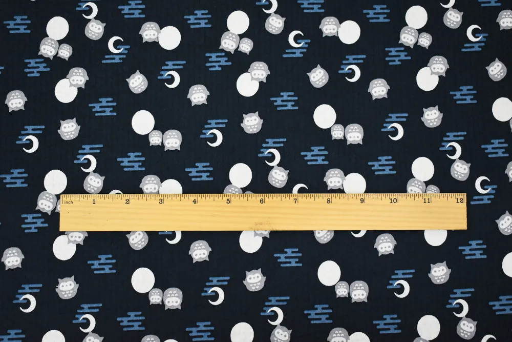 Deep Blue-Gray-Multi Owl Moon Printed Crinkled Cotton Shirting Woven Fabric