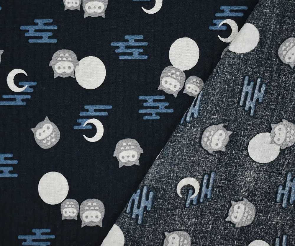 Deep Blue-Gray-Multi Owl Moon Printed Crinkled Cotton Shirting Woven Fabric