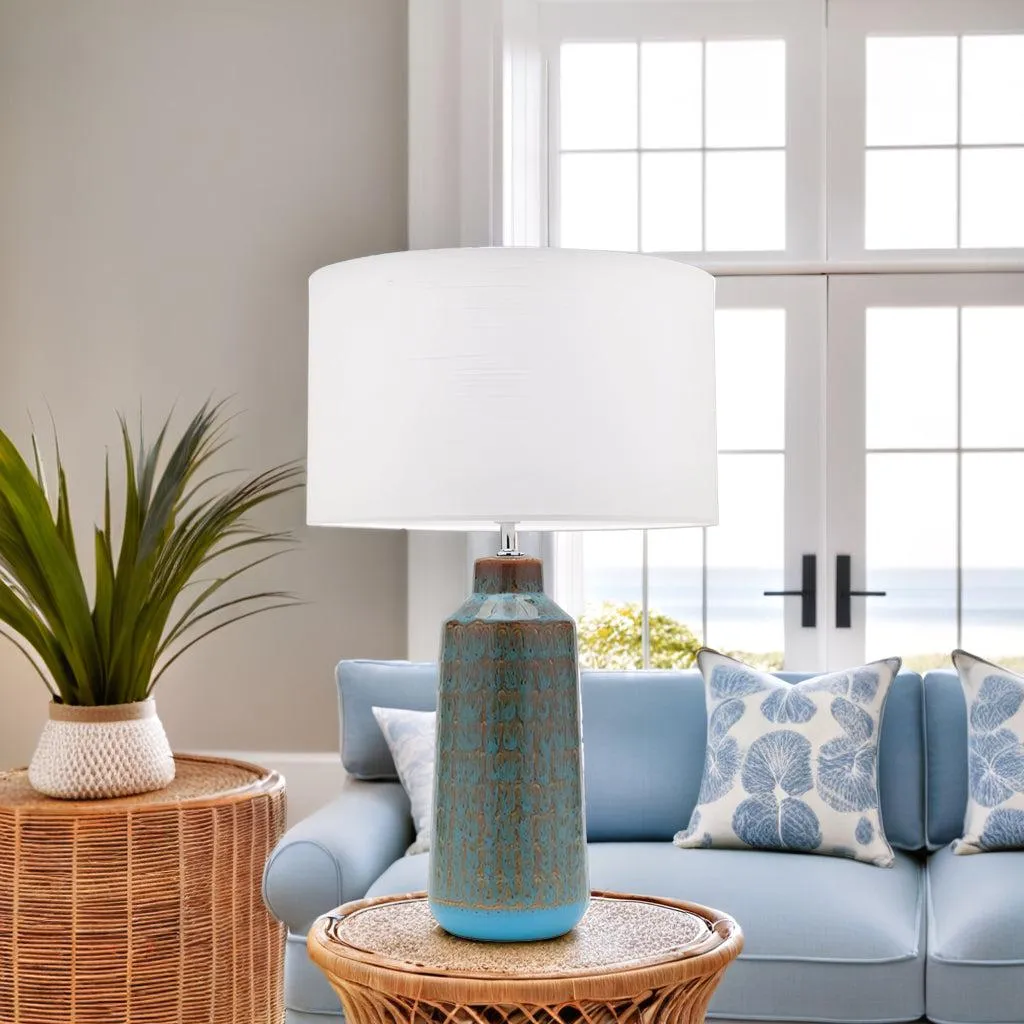 Farrow Table Lamp in Teal Ceramic w/ White Linen Shade