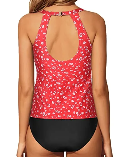 Flattering High Neck Tummy Control Tankini Swimsuit For Women-Red Floral