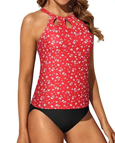 Flattering High Neck Tummy Control Tankini Swimsuit For Women-Red Floral