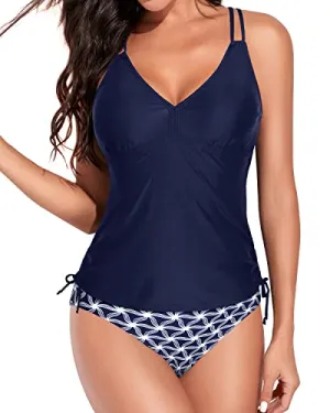 Full Coverage Mid Rise Swim Bottom Tankini Swimsuits-Navy Blue Tribal