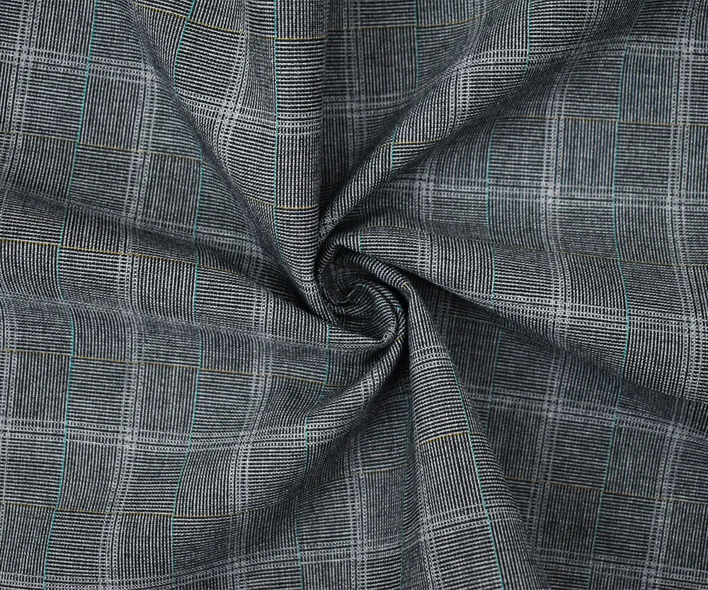 Gray-Green-Multi Poly-Wool Check Tile Shirting Woven Fabric