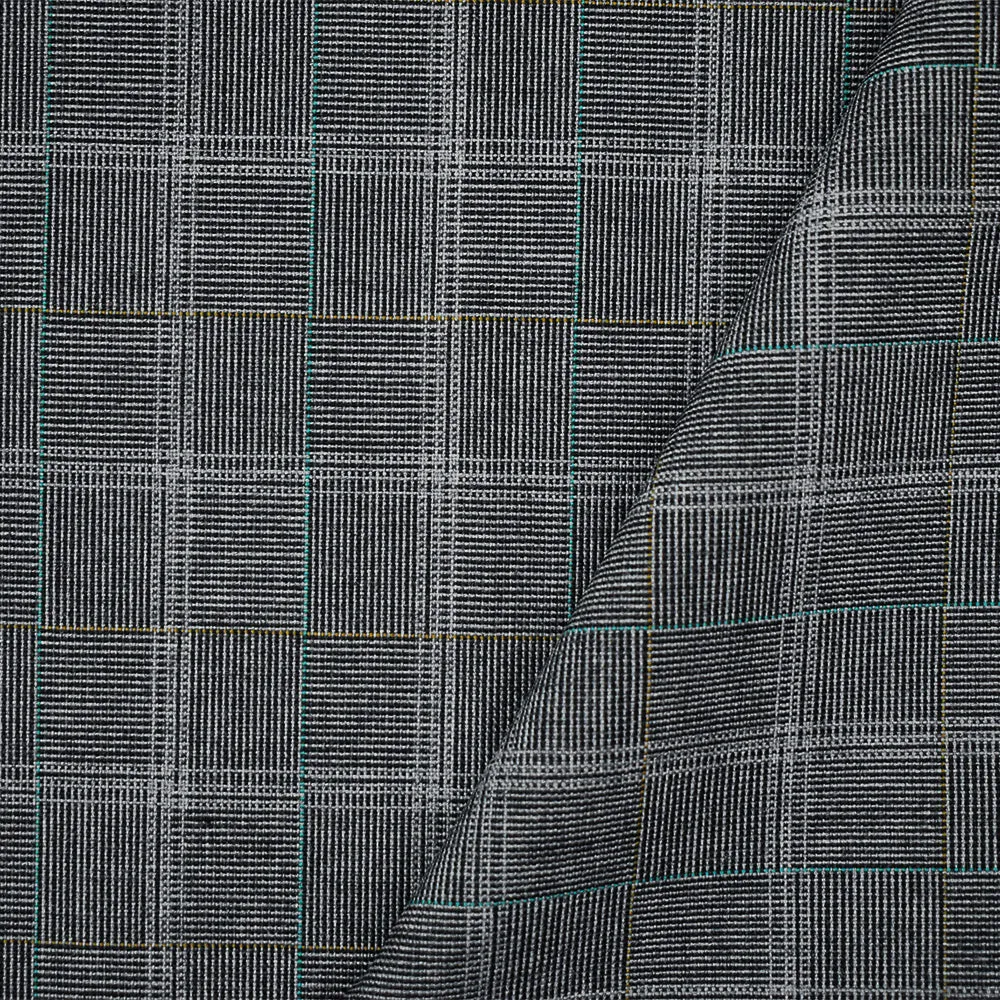 Gray-Green-Multi Poly-Wool Check Tile Shirting Woven Fabric