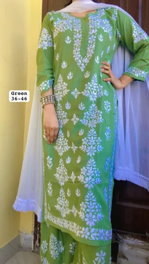 Green Summer Special Premium Modal Lucknow Chikankari Handwork Kurta Palazzo Set