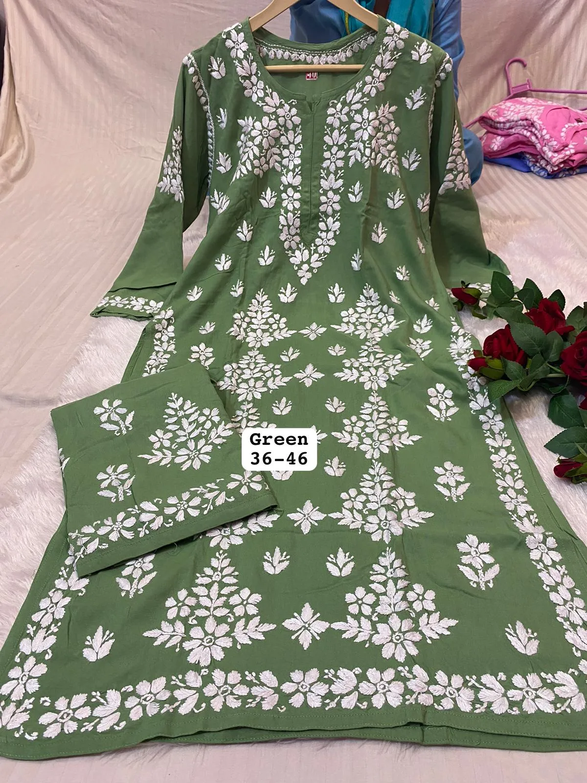 Green Summer Special Premium Modal Lucknow Chikankari Handwork Kurta Palazzo Set