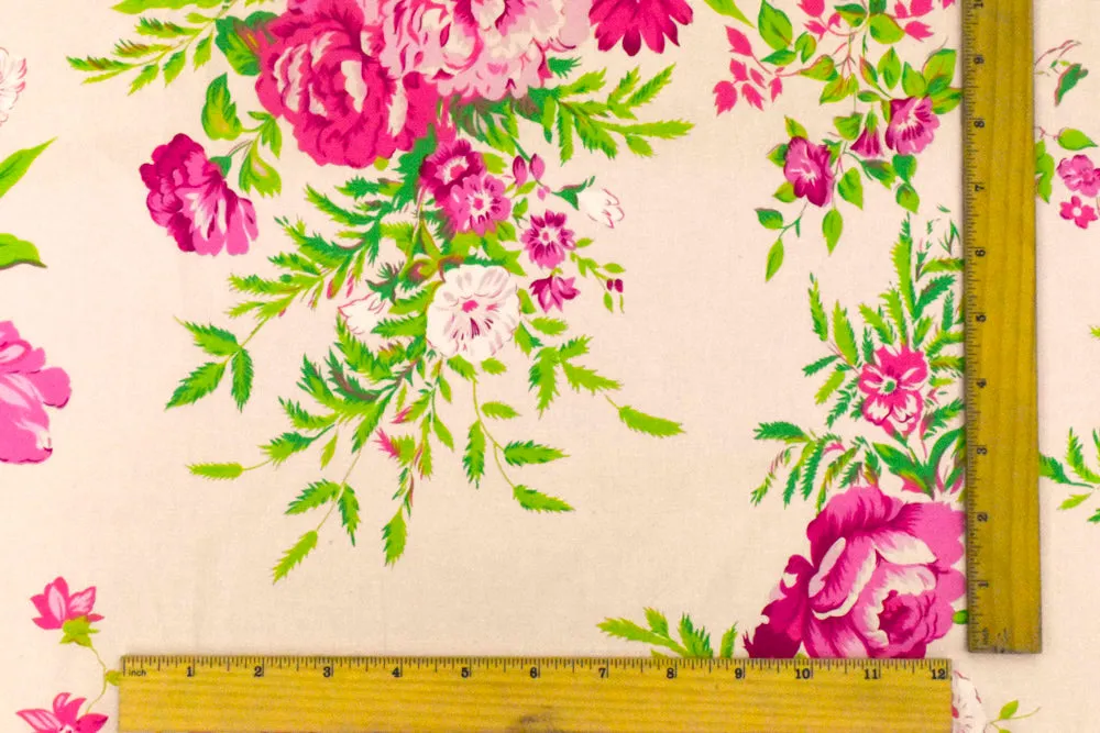 Ivory Pink-Green-Multi Floral Stretch Cotton Poplin Woven Fabric