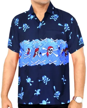 LA LEELA Men Casual Pirate Beach hawaiian theme Shirt Aloha Tropical Beach  front Pocket Short sleeve pirate Printed Blue