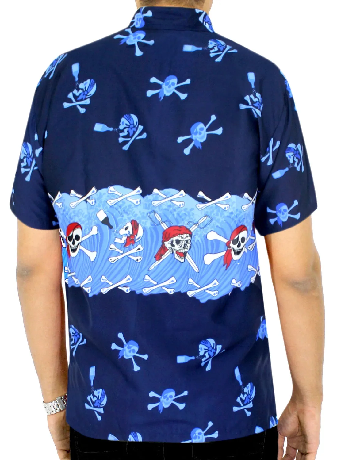 LA LEELA Men Casual Pirate Beach hawaiian theme Shirt Aloha Tropical Beach  front Pocket Short sleeve pirate Printed Blue