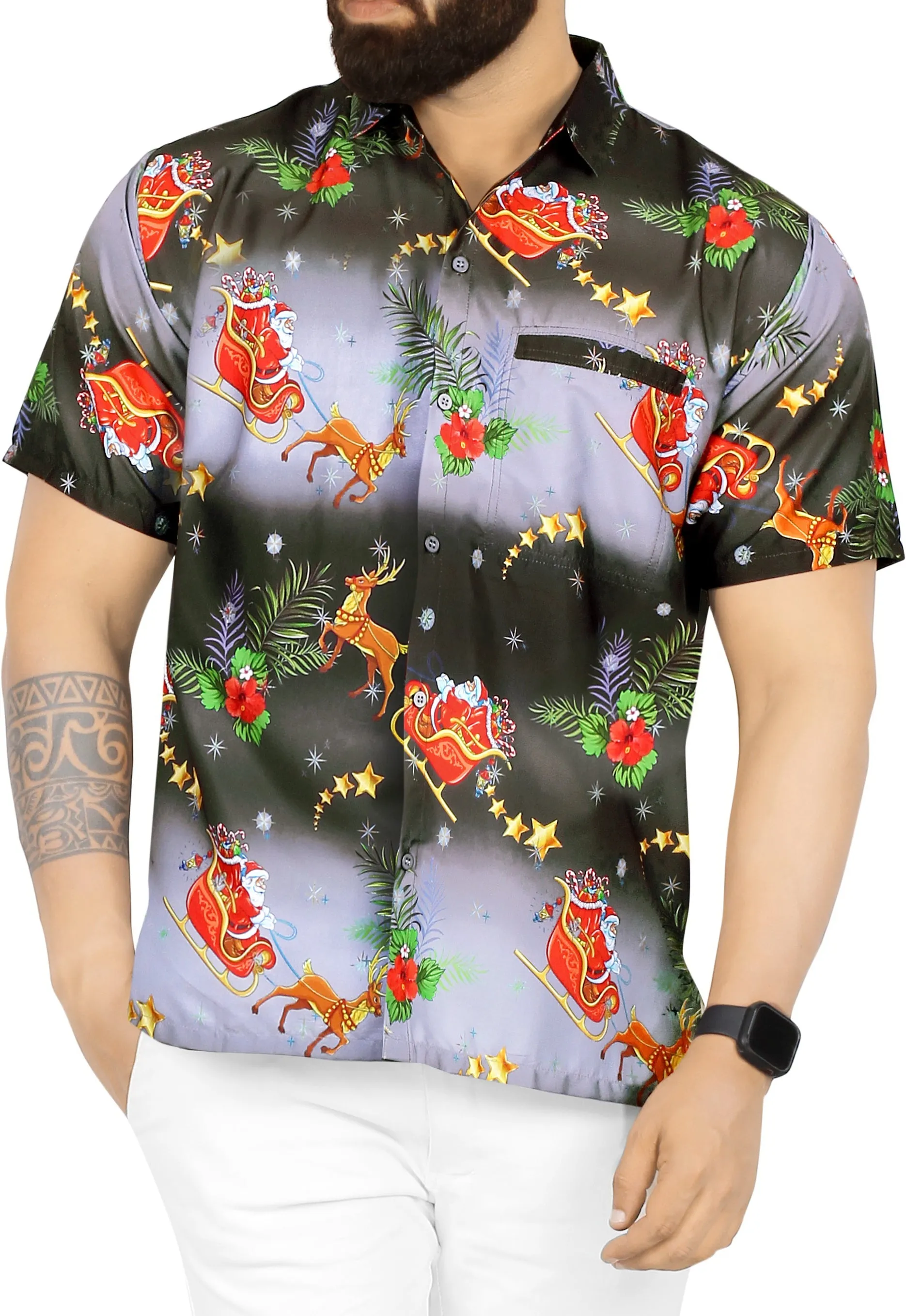 La Leela  Men's 3D HD Santa Claus Christmas Button Up Short Sleeve Hawaiian Shirt Black_AA323