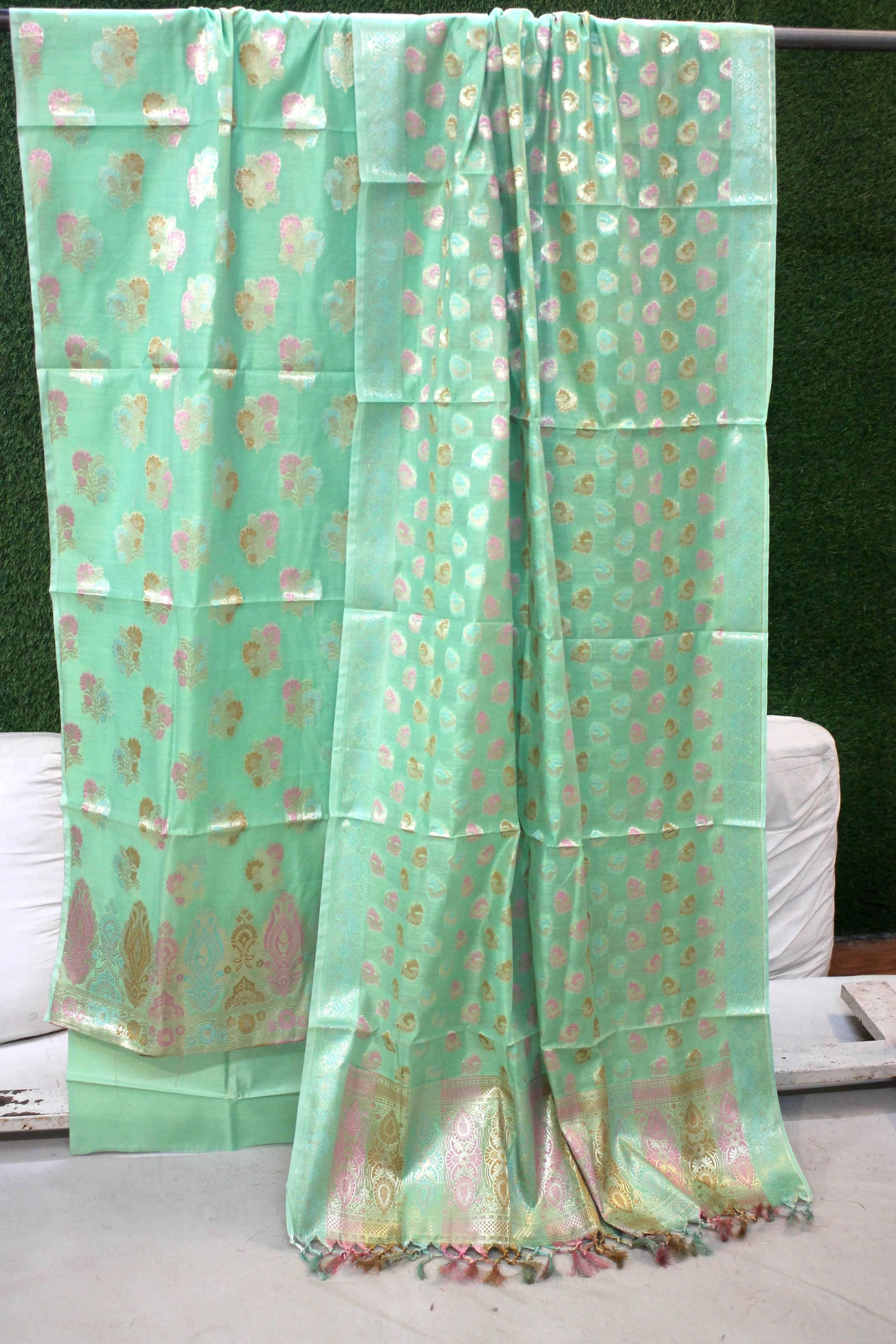 Mint Green Tilfi Weave 3-Piece Pure Cotton Handloom Banarasi Suit Set