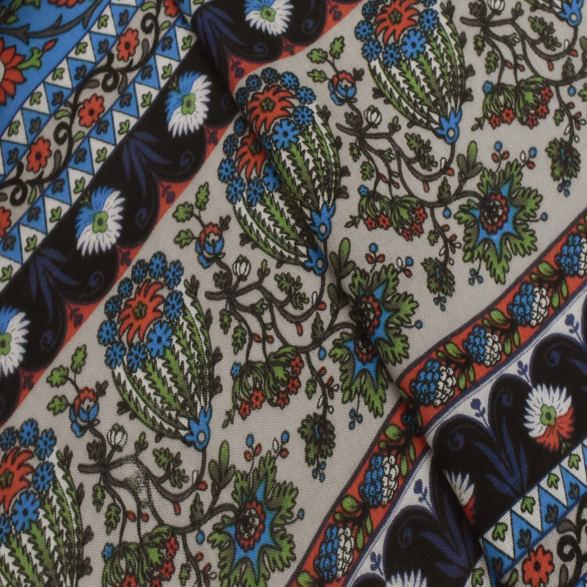 Navy-Green-Multi Floral Stripe Printed Challis Woven Fabric