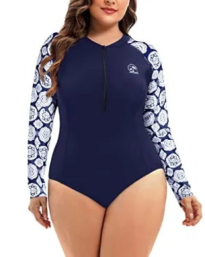 One Piece Plus Size Rash Guard For Women Long Sleeve Swimsuit Zipper Upf 50 -Blue And White Snake Print