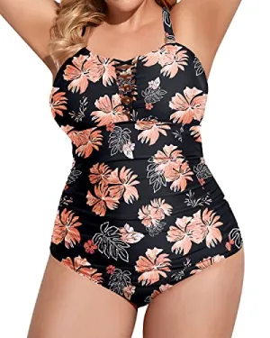 Plus Size One Piece Swimsuits Deep V Neck Lace Up Bathing Suits-Black Orange Floral