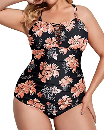 Plus Size One Piece Swimsuits Deep V Neck Lace Up Bathing Suits-Black Orange Floral