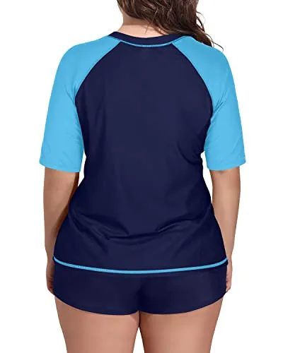 Plus Size Women's Raglan Sleeves Rash Guard Swimsuit-Navy Blue Water Blue