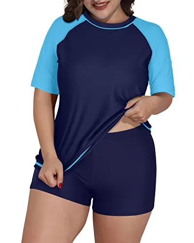 Plus Size Women's Raglan Sleeves Rash Guard Swimsuit-Navy Blue Water Blue