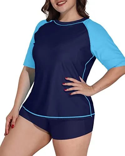 Plus Size Women's Raglan Sleeves Rash Guard Swimsuit-Navy Blue Water Blue