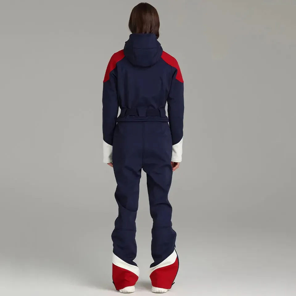 Retro Female One-piece Ski Suit Downhill Belted Jumpsuits