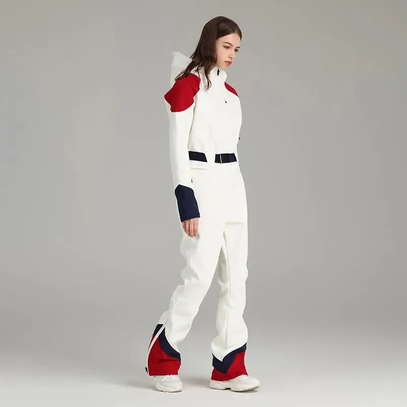 Retro Female One-piece Ski Suit Downhill Belted Jumpsuits