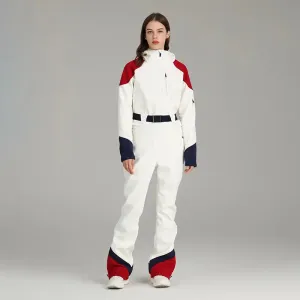 Retro Female One-piece Ski Suit Downhill Belted Jumpsuits